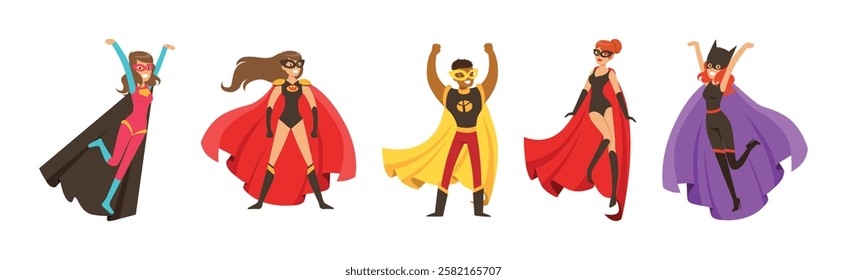 Man and Woman Superhero Character in Mask and Cloak Vector Set