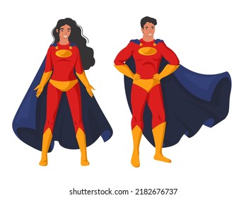 Man and woman superhero in mask and cloak vector illustration. Superman and superwoman isolated on white background. Female heroine and male hero cartoon character