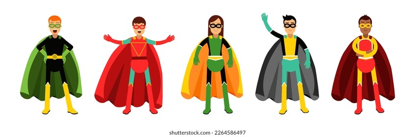 Man and Woman Superhero Wearing Cape Having Super Power Vector Set