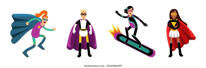 Man and Woman Superhero Wearing Cape Having Super Power Vector Set