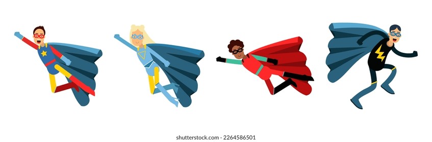 Man and Woman Superhero Wearing Cape Having Super Power Vector Set