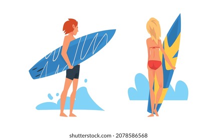 Man and Woman Surfer Character Standing with Surf Board Watching Wave of Water Vector Set