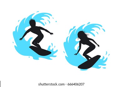 Man and woman surfer silhouettes riding on a wave