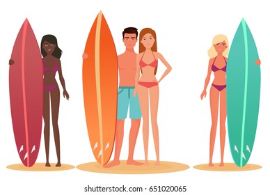 Man and woman surfer standing, holding a surfboard. Cartoon people couple surfers. White and black african young people. Vector illustration