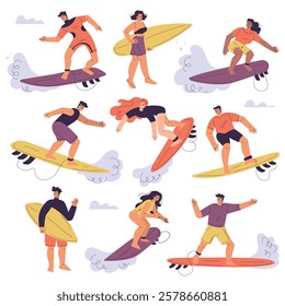 Man and Woman Surfer with Surfboard Ride Ocean Wave Vector Set