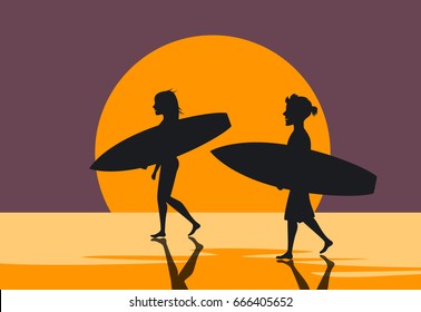 man and woman, surfers couple walking on water on the beach with surfboards at sunset silhouettes poster