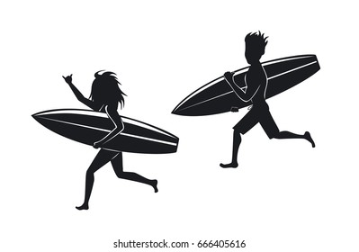 man and woman surfers running with surfboard  silhouettes