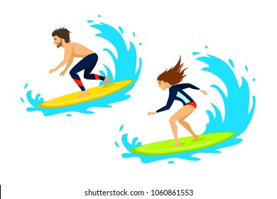 Man and woman surfers surfing riding on waves isolated vector illustration