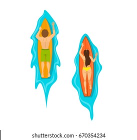 Man And Woman  Surfers Swimming On  Surfboards Top View From Above, Isolated