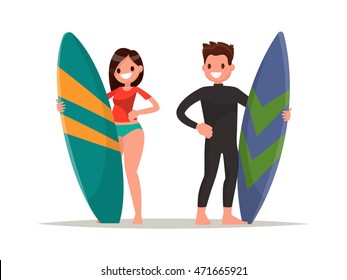 Man and woman surfers. Vector illustration of a flat design