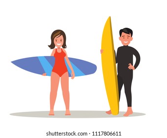 A man and a woman are surfing.