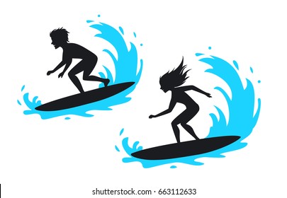 man and woman surfing silhouette vector illustration