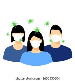 Man and woman with a surgical mask is among bacteria, influenza, flu, infectious disease. Epidemic, flu protection, avoiding virus. Girl wearing medical face mask.