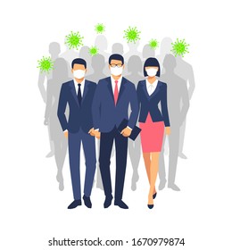 Man And Woman With A Surgical Mask Is Among Bacteria, Influenza, Flu, Infectious Disease. Epidemic, Flu Protection, Avoiding Virus. Businessman And Businesswoman Wearing Medical Mask. Vector 