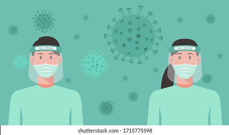 man and woman with surgical mask and face shield prevent from virus spreading, flu prevention, coronavirus or covid-19, social isolation and self quarantine concept, flat vector character cartoon