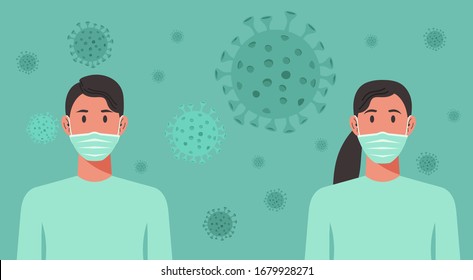 man and woman with surgical or medical face mask stay at home to prevent from virus spreading, flu prevention, coronavirus, social isolation and self quarantine concept, character cartoon vector