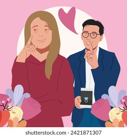 man woman surprise engagement ring valentines gifts in flat illustration