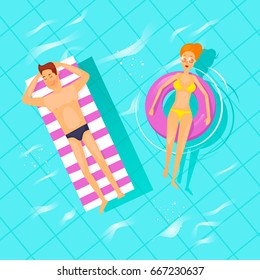 Man And Woman Swimming On Inflatable Floats In The Pool. Couple, Summer, Vacation. Flat Vector Illustration In Cartoon Style.