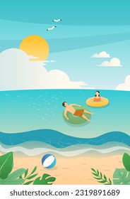 A man and a woman swimming in the sea.