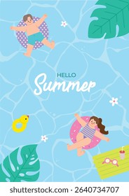 Man and woman swimming in a summer sea indoor pool. Tube printed with floating duck tube. Hand drawn illustration vector design
