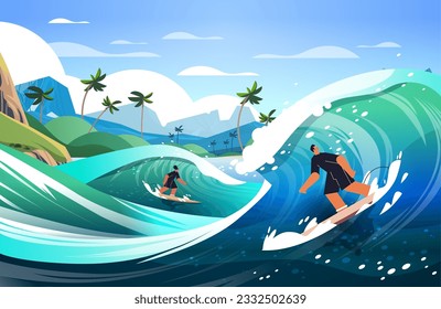 man woman in swimwear riding surf boards by sea or ocean waves surfing sport summer activity concept