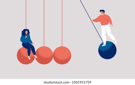 Man and woman swings and slows down on the pendulum to meet. Personal growth and long distance relationships. Compromise and dynamics in love partnership.  Vector illustration