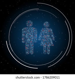 The man with woman symbol filled with white dots. Some dots is red. Vector illustration on blue background with stars
