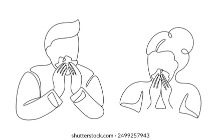 Man and woman with symptoms of rhinitis. People sneeze and wipe their nose. Runny nose during illness. Simple vector illustration with continuing line.