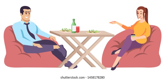 Man and woman at table flat vector illustration. Coupe of people speaking at lunch, sitting on bag chairs. Сolleagues at street food cafe isolated cartoon characters on white background