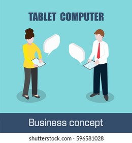 Man and woman with tablet computer. Clouds for replicas. Business concept. Vector illustration. 