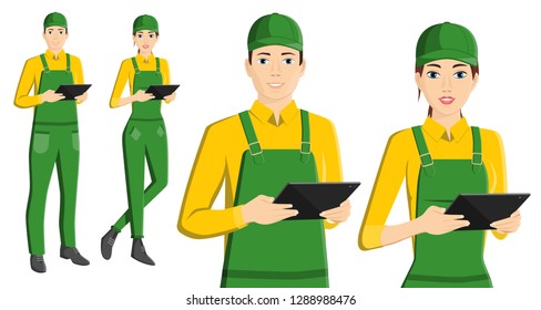 Man and woman with a tablet computer isolated on white. Vector illustration