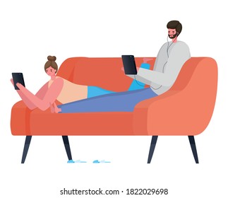 Man and woman with tablet on couch working design of Work from home theme Vector illustration