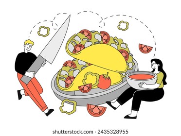 Hombre y mujer con tacos doodle. Personas con comida mexicana con verduras y carne. Rebanadas de pimienta y ensalada en burrito. Ilustración plana simple del vector aislada en el fondo blanco