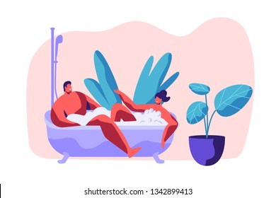 Man and Woman Take Bath Together with Bubble in Bathroom. Happy Young Couple Enjoy Romantic Home Time. Two Human Lovers Relaxation in Bathtub Spa Day. Flat Cartoon Vector Illustration