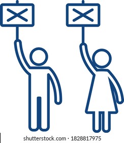 A man and a woman take part in a political meeting, demonstration. Activist people icon holds a banner, a poster with a sign against, a cross. Public protest. Vector illustration. Flat infographics.