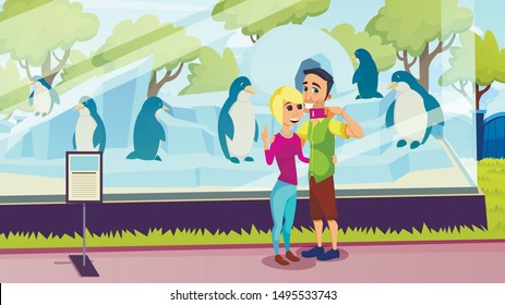 Man and Woman Take Selfie on Background Aviary with Penguins at Zoo. Animal in Ice Aviary. Vector illustration. Excursion to Zoo. People and Animals in Captivity. Smiling Man and Woman with Smartphone