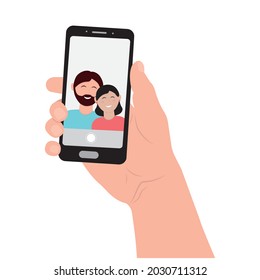 a man and a woman take a selfie on their phone, color vector illustration