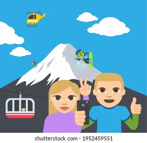 man and woman take a selfie with a smartphone against mountain landscape with snowboarder,skier,mountain cableway and helicopter
