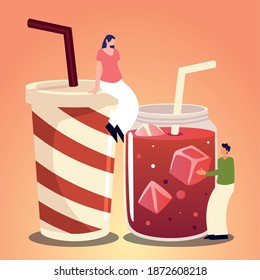 man and woman with takeaway cup and juice with straw food vector illustration