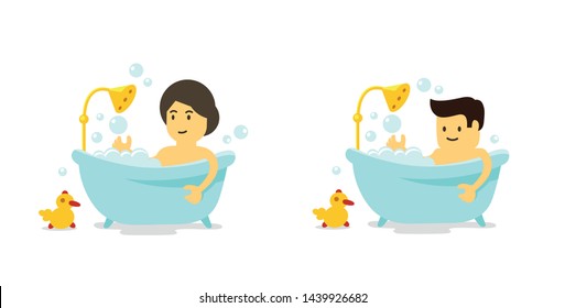 A man and woman takes a bath. Shower in the bathroom. Bathing time. Vector cartoon style.