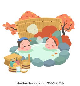 man & woman takes japanese an open-air bath at autumn