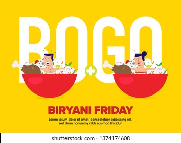 Man and Woman taking bath in biryani bowl. Man sitting inside a biryani bowl. Biryani Buy 1 get 1. BOGO concept. - Shutterstock ID 1374174608