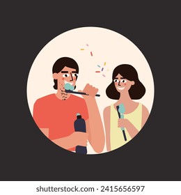 Man, woman taking care of oral health or brushing teeth. The young couple brushes their teeth with a toothbrush. Vector illustration