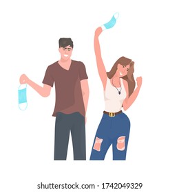 man woman taking off face masks couple celebrating victory over covid-19 coronavirus pandemic quarantine is ending vector illustration