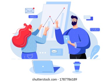 Man and woman taking part in business meeting, negotiation, brainstorming, talking to each other.Business meeting Teamwork. Business people working together. Office life. Concept design for web. 