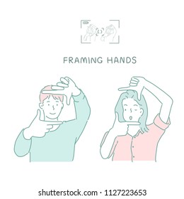man and woman are taking photo frame gestures with their fingers. hand drawn style vector design illustrations.