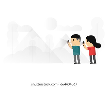 A man and woman are taking photo Of landscape on Smart Phone.