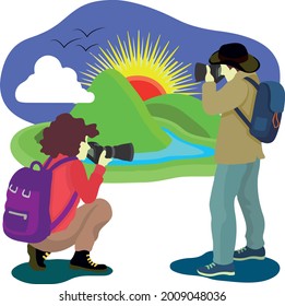 hombre y mujer fotografiando el paisaje. Diseño decorativo de ilustración vectorial