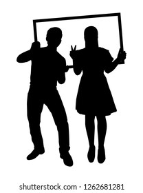 A man and a woman are taking picture with picture frame silhouette vector