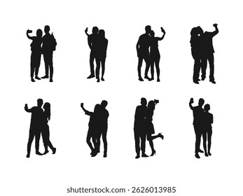 homem e mulher tomando selfie silhuetas vetor. Coleção de silhueta grupo de pessoas tirando selfie em diferentes poses vetor. homem e mulher tirando selfie através do telefone celular. no fundo branco.